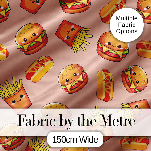 Cute Kawaii Burger Fries Hotdog Fast Food Seamless Pattern Beige Background Digital Print Fabric by the Metre UK Sewing Quilting Textile