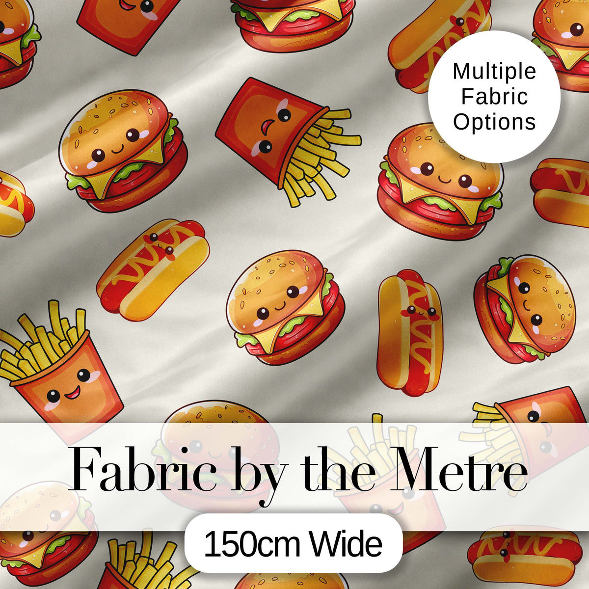 Kawaii Burger Fries Hotdog Fast Food Seamless Pattern Light Cream Background Digital Print Fabric by the Metre UK Sewing Quilting Textile