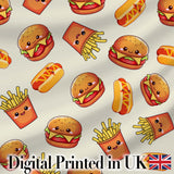 Kawaii Burger Fries Hotdog Fast Food Seamless Pattern Light Cream Background Digital Print Fabric by the Metre UK Sewing Quilting Textile