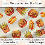 Kawaii Burger Fries Hotdog Fast Food Seamless Pattern Light Cream Background Digital Print Fabric by the Metre UK Sewing Quilting Textile