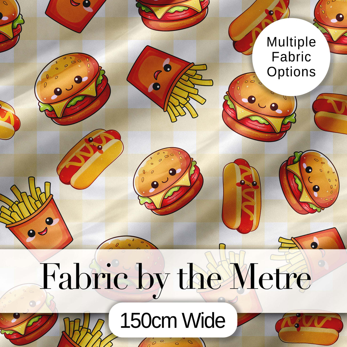 Cute Kawaii Burger Fries Hotdog Fast Food Seamless Pattern Gingham Background Digital Print Fabric by the Metre UK Sewing Quilting Textile