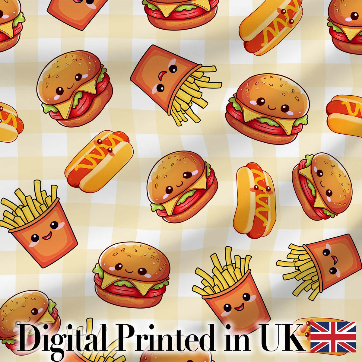 Cute Kawaii Burger Fries Hotdog Fast Food Seamless Pattern Gingham Background Digital Print Fabric by the Metre UK Sewing Quilting Textile
