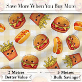 Cute Kawaii Burger Fries Hotdog Fast Food Seamless Pattern Gingham Background Digital Print Fabric by the Metre UK Sewing Quilting Textile