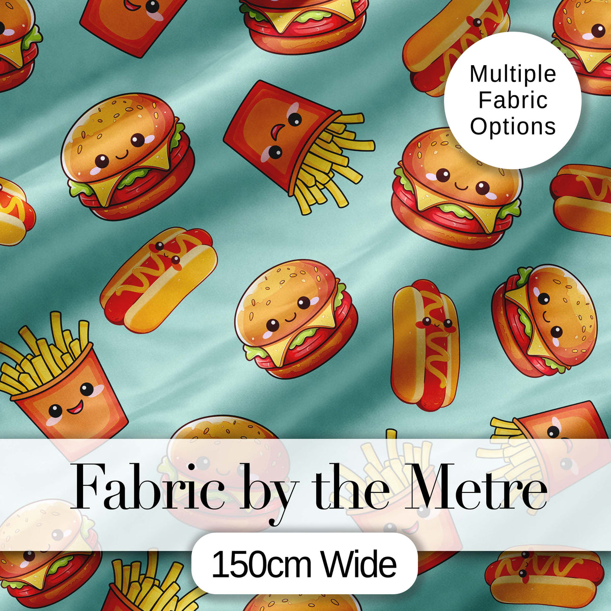 Cute Kawaii Burger Fries Hotdog Fast Food Seamless Pattern Mint Background Digital Print Fabric by the Metre UK Sewing Quilting Textile