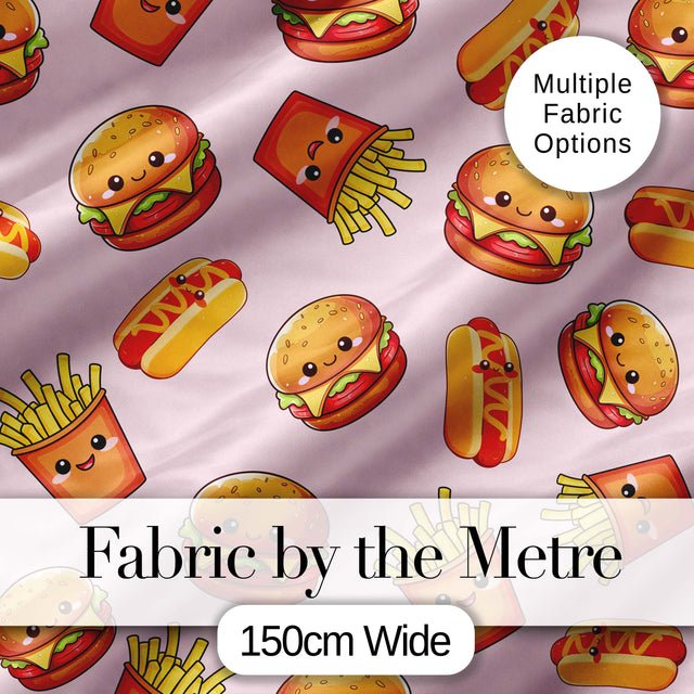 Cute Kawaii Burger Fries Hotdog Fast Food Seamless Pattern Soft Pink Background Digital Print Fabric by the Metre UK Sewing Quilting Textile