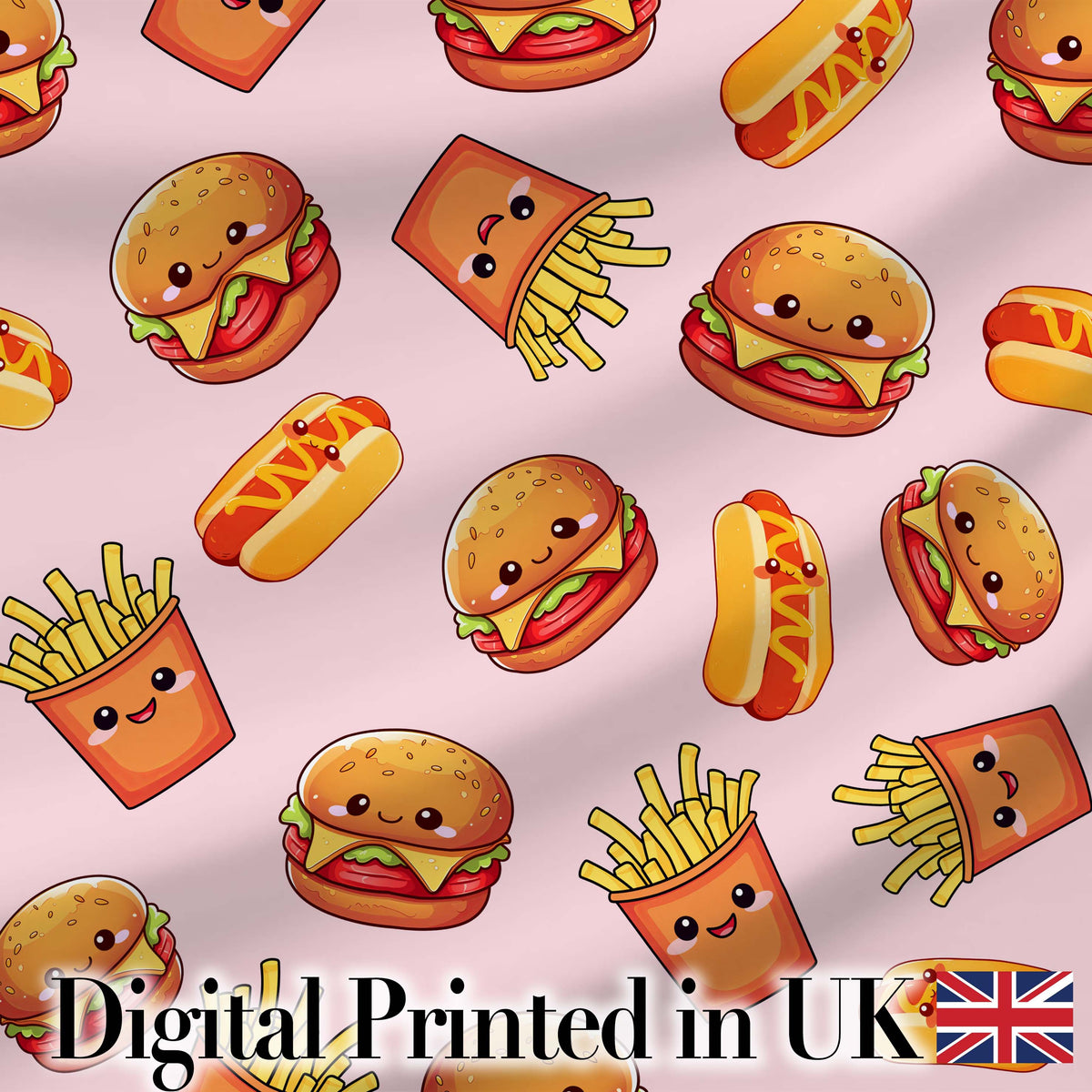 Cute Kawaii Burger Fries Hotdog Fast Food Seamless Pattern Soft Pink Background Digital Print Fabric by the Metre UK Sewing Quilting Textile