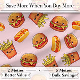 Cute Kawaii Burger Fries Hotdog Fast Food Seamless Pattern Soft Pink Background Digital Print Fabric by the Metre UK Sewing Quilting Textile