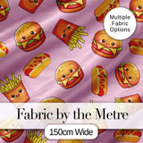 Kawaii Burger Fries Hotdog Fast Food Seamless Pattern Pastel Pink Background Digital Print Fabric by the Metre UK Sewing Quilting Textile