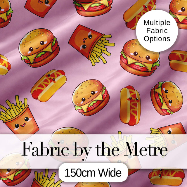Kawaii Burger Fries Hotdog Fast Food Seamless Pattern Pastel Pink Background Digital Print Fabric by the Metre UK Sewing Quilting Textile