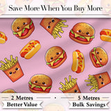 Kawaii Burger Fries Hotdog Fast Food Seamless Pattern Pastel Pink Background Digital Print Fabric by the Metre UK Sewing Quilting Textile