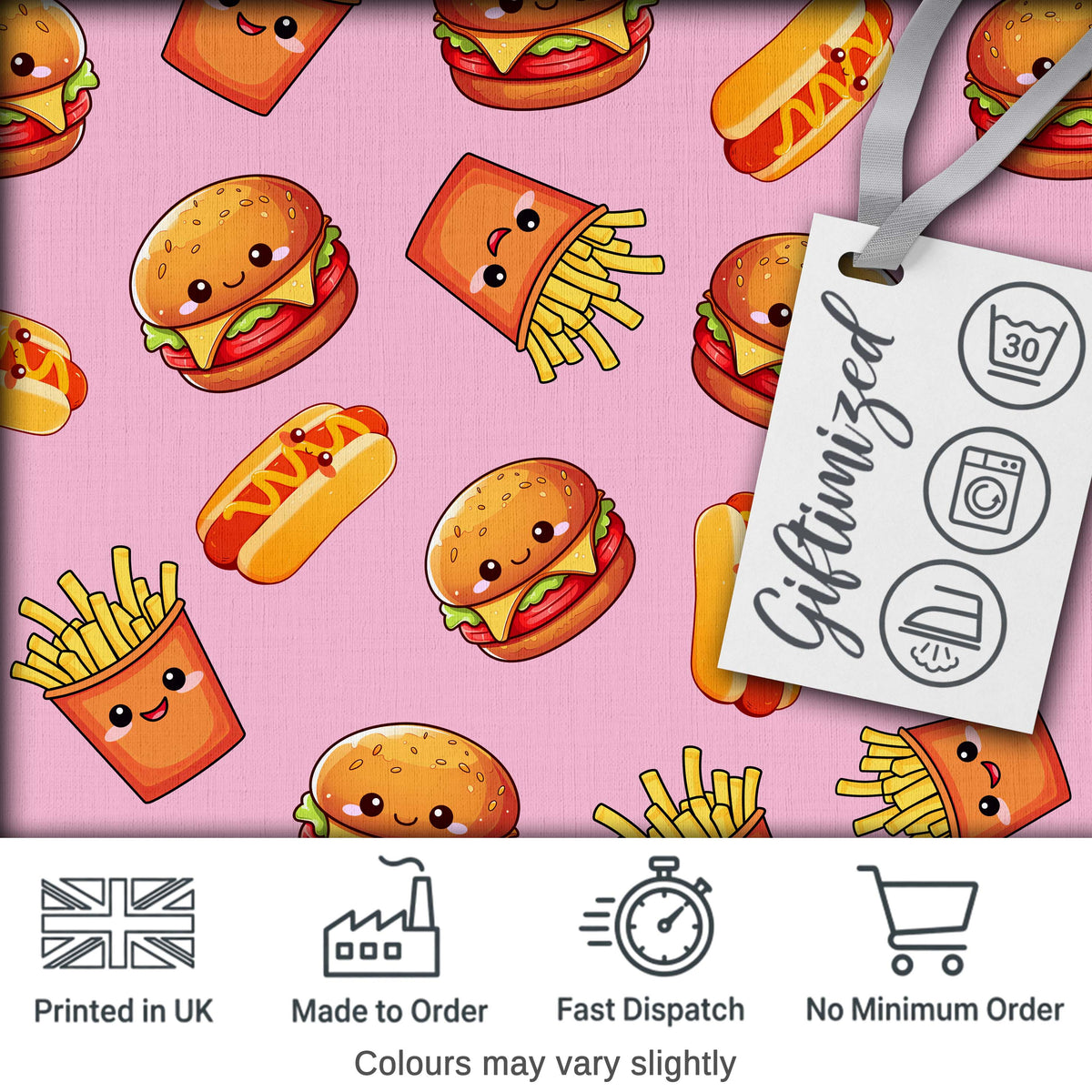 Kawaii Burger Fries Hotdog Fast Food Seamless Pattern Pastel Pink Background Digital Print Fabric by the Metre UK Sewing Quilting Textile