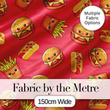 Cute Kawaii Burger Fries Hotdog Fast Food Seamless Pattern Red Background Digital Print Fabric by the Metre UK Sewing Quilting Textile