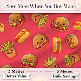 Cute Kawaii Burger Fries Hotdog Fast Food Seamless Pattern Red Background Digital Print Fabric by the Metre UK Sewing Quilting Textile