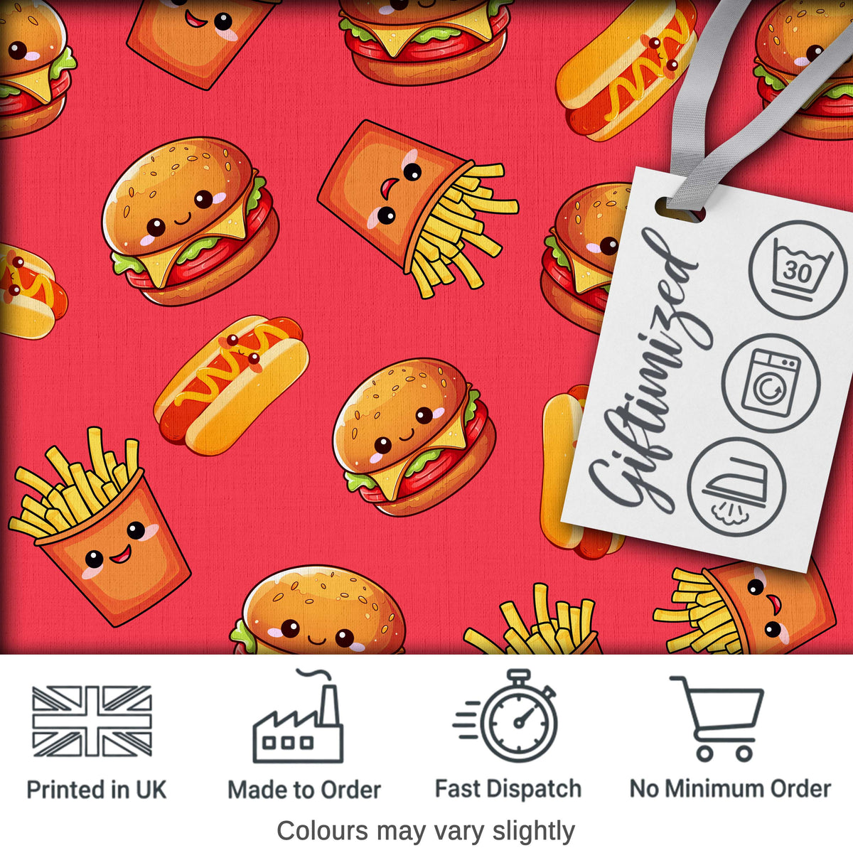 Cute Kawaii Burger Fries Hotdog Fast Food Seamless Pattern Red Background Digital Print Fabric by the Metre UK Sewing Quilting Textile