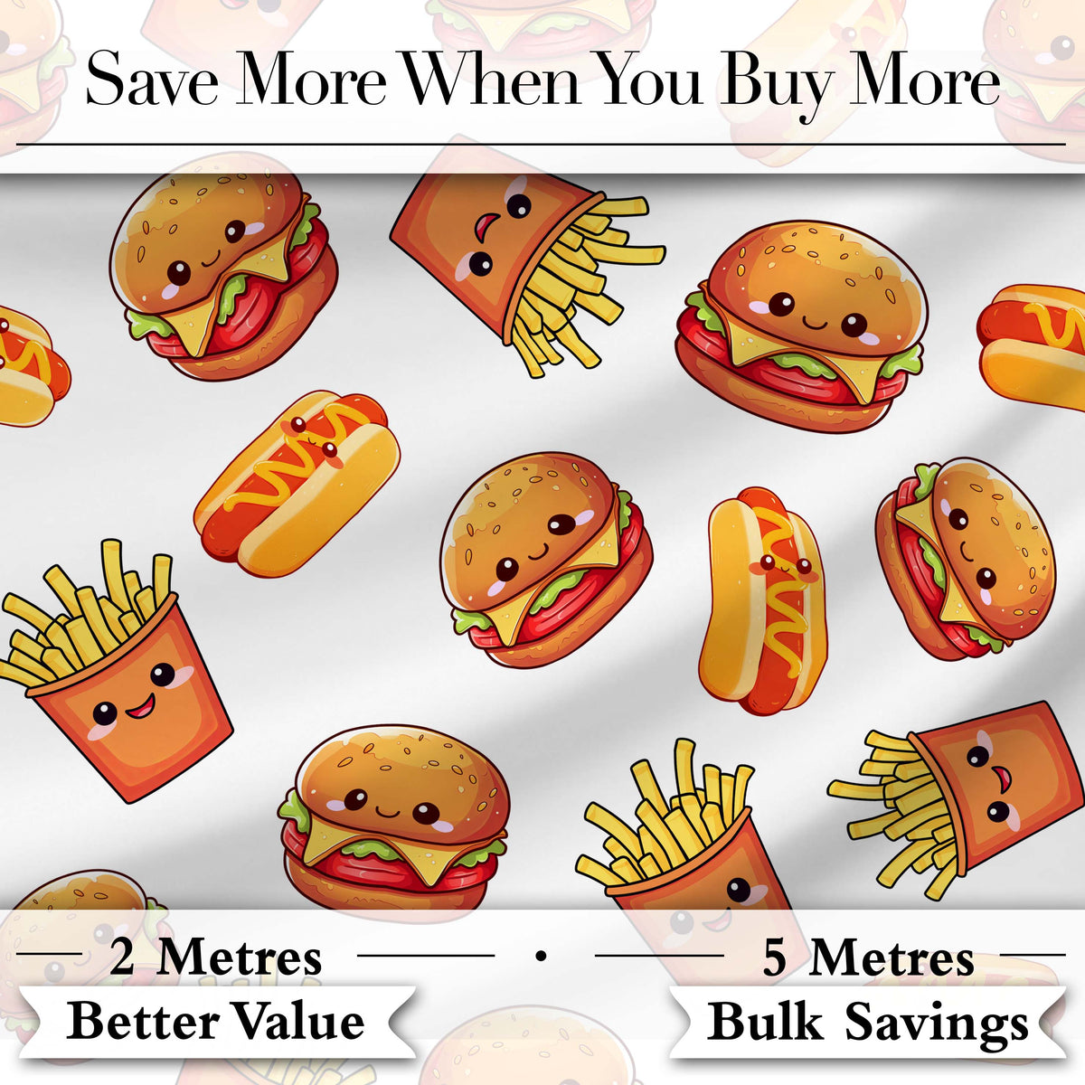 Cute Kawaii Burger Fries Hotdog Fast Food Seamless Pattern Grey Background Digital Print Fabric by the Metre UK Sewing Quilting Textile