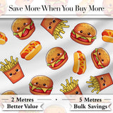 Cute Kawaii Burger Fries Hotdog Fast Food Seamless Pattern Grey Background Digital Print Fabric by the Metre UK Sewing Quilting Textile