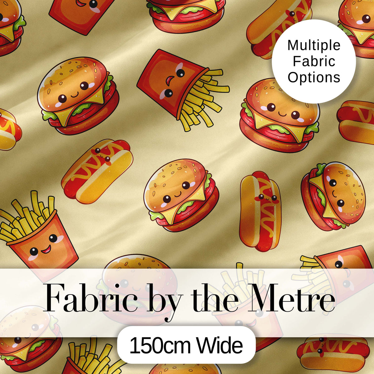 Cute Kawaii Burger Fries Hotdog Fast Food Seamless Pattern Beige Background Digital Print Fabric by the Metre UK Sewing Quilting Textile