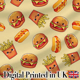 Cute Kawaii Burger Fries Hotdog Fast Food Seamless Pattern Beige Background Digital Print Fabric by the Metre UK Sewing Quilting Textile