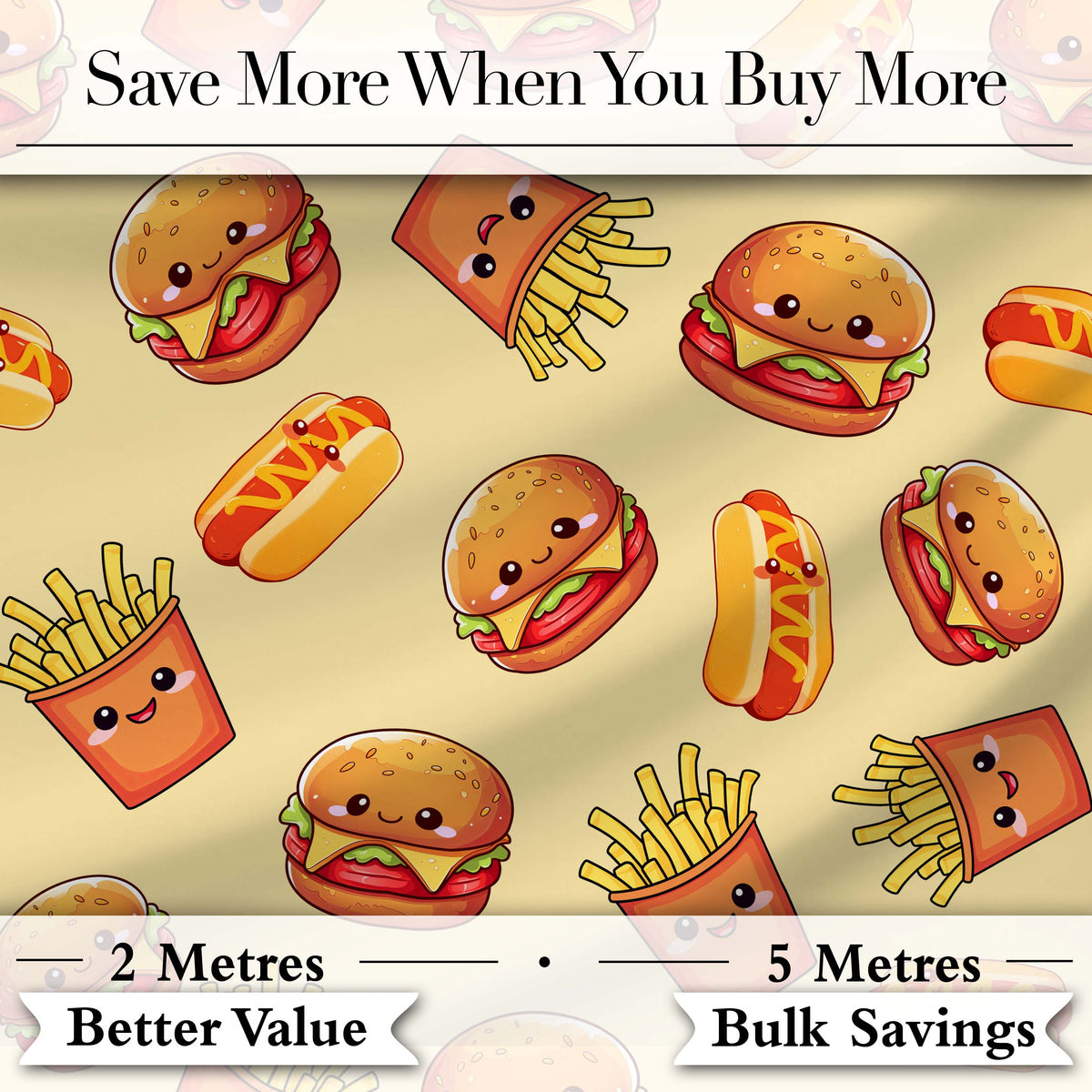 Cute Kawaii Burger Fries Hotdog Fast Food Seamless Pattern Beige Background Digital Print Fabric by the Metre UK Sewing Quilting Textile