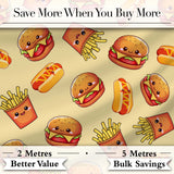 Cute Kawaii Burger Fries Hotdog Fast Food Seamless Pattern Beige Background Digital Print Fabric by the Metre UK Sewing Quilting Textile