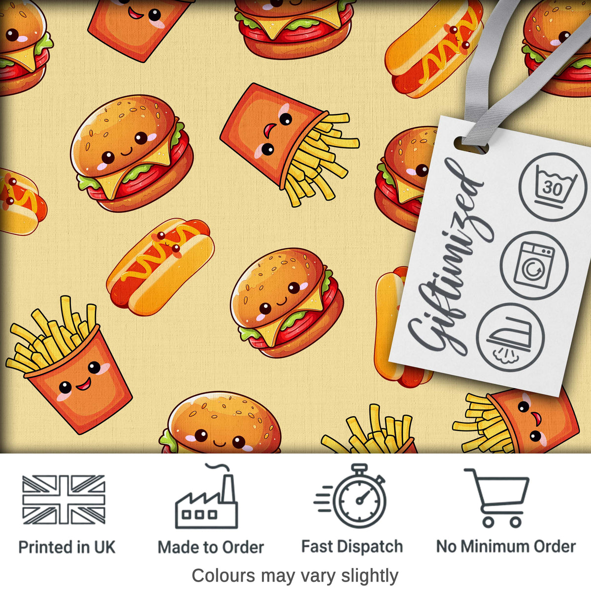 Cute Kawaii Burger Fries Hotdog Fast Food Seamless Pattern Beige Background Digital Print Fabric by the Metre UK Sewing Quilting Textile
