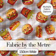 Kawaii Burger Fries Hotdog Fast Food Seamless Pattern Taupe Gingham Background Digital Print Fabric by the Metre UK Sewing Quilting Textile