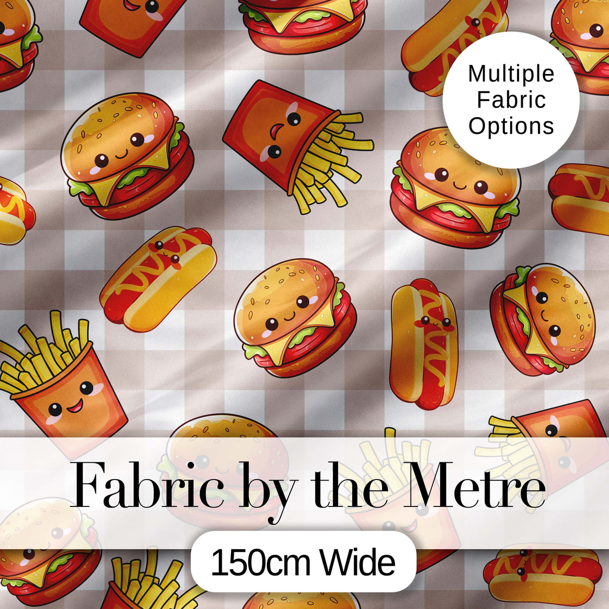 Kawaii Burger Fries Hotdog Fast Food Seamless Pattern Taupe Gingham Background Digital Print Fabric by the Metre UK Sewing Quilting Textile