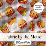 Kawaii Burger Fries Hotdog Fast Food Seamless Pattern Taupe Gingham Background Digital Print Fabric by the Metre UK Sewing Quilting Textile