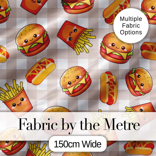 Kawaii Burger Fries Hotdog Fast Food Seamless Pattern Taupe Gingham Background Digital Print Fabric by the Metre UK Sewing Quilting Textile