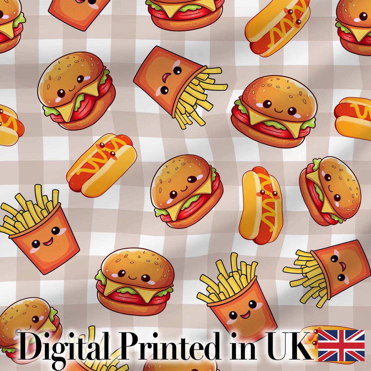 Kawaii Burger Fries Hotdog Fast Food Seamless Pattern Taupe Gingham Background Digital Print Fabric by the Metre UK Sewing Quilting Textile