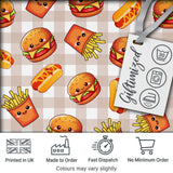 Kawaii Burger Fries Hotdog Fast Food Seamless Pattern Taupe Gingham Background Digital Print Fabric by the Metre UK Sewing Quilting Textile