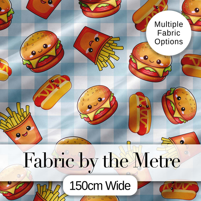 Kawaii Burger Fries Hotdog Fast Food Seamless Pattern Blue Gingham Background Digital Print Fabric by the Metre UK Sewing Quilting Textile