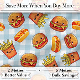 Kawaii Burger Fries Hotdog Fast Food Seamless Pattern Blue Gingham Background Digital Print Fabric by the Metre UK Sewing Quilting Textile