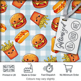 Kawaii Burger Fries Hotdog Fast Food Seamless Pattern Blue Gingham Background Digital Print Fabric by the Metre UK Sewing Quilting Textile