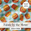 Kawaii Burger Fries Hotdog Fast Food Seamless Pattern Mint Gingham Background Digital Print Fabric by the Metre UK Sewing Quilting Textile