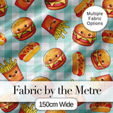 Kawaii Burger Fries Hotdog Fast Food Seamless Pattern Mint Gingham Background Digital Print Fabric by the Metre UK Sewing Quilting Textile