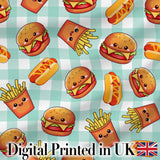 Kawaii Burger Fries Hotdog Fast Food Seamless Pattern Mint Gingham Background Digital Print Fabric by the Metre UK Sewing Quilting Textile