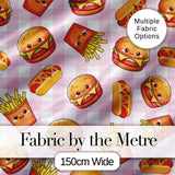 Kawaii Burger Fries Hotdog Fast Food Seamless Pattern Pink Gingham Background Digital Print Fabric by the Metre UK Sewing Quilting Textile