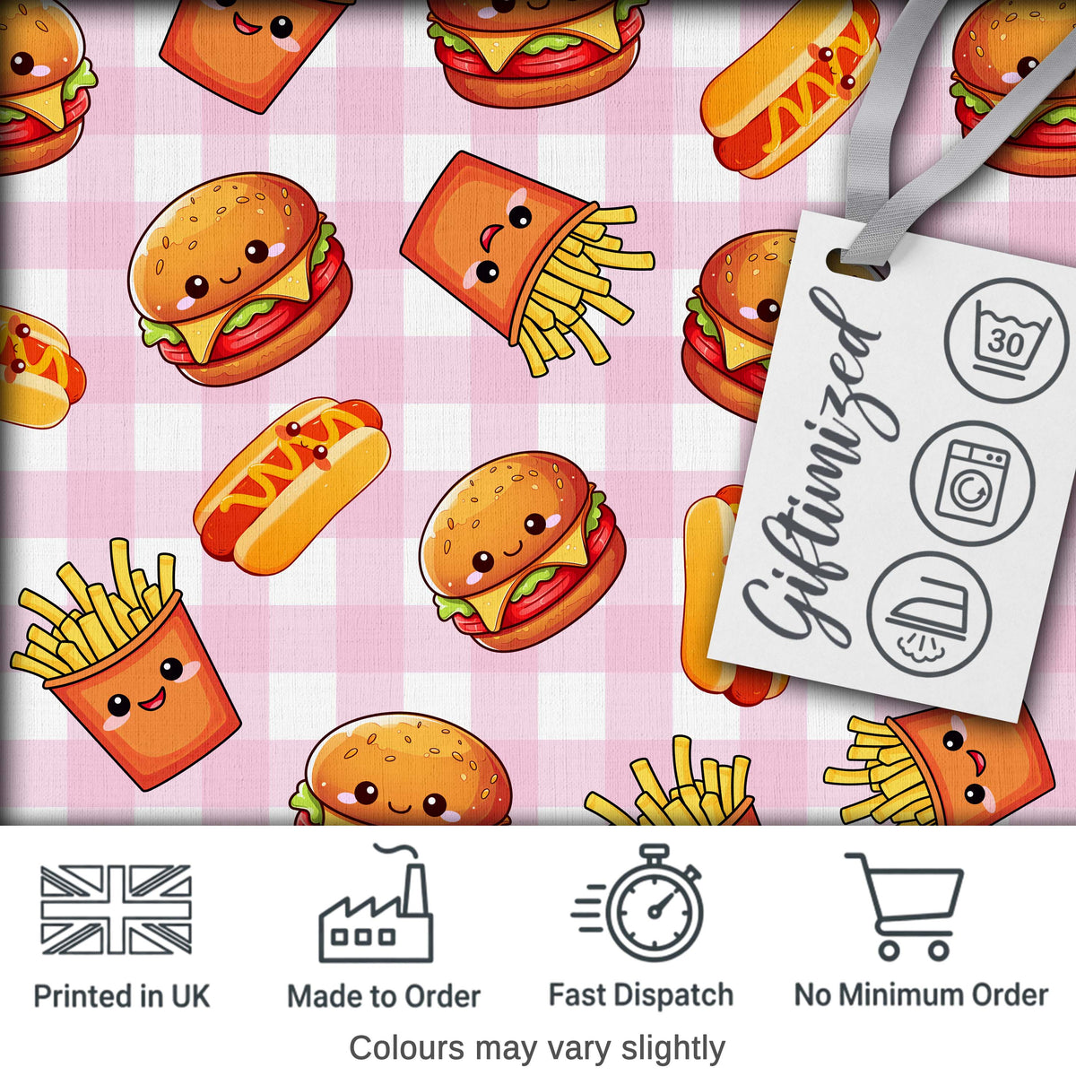 Kawaii Burger Fries Hotdog Fast Food Seamless Pattern Pink Gingham Background Digital Print Fabric by the Metre UK Sewing Quilting Textile