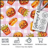 Kawaii Burger Fries Hotdog Fast Food Seamless Pattern Pink Gingham Background Digital Print Fabric by the Metre UK Sewing Quilting Textile