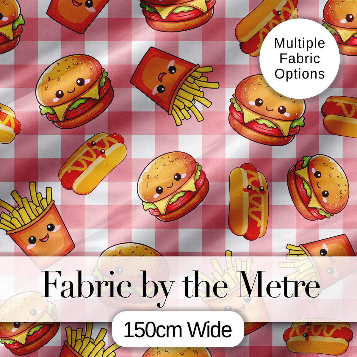 Kawaii Burger Fries Hotdog Fast Food Seamless Pattern Red Gingham Background Digital Print Fabric by the Metre UK Sewing Quilting Textile