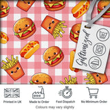 Kawaii Burger Fries Hotdog Fast Food Seamless Pattern Red Gingham Background Digital Print Fabric by the Metre UK Sewing Quilting Textile