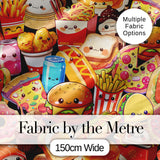 Cute Kawaii Fast Food Junk Food Snack Collage Seamless Pattern Black Background Digital Print Fabric by the Metre UK Sewing Quilting Textile