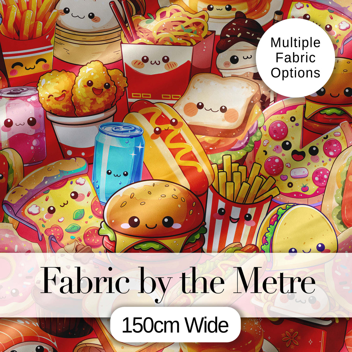 Cute Kawaii Fast Food Junk Food Snacks Collage Seamless Pattern Red Background Digital Print Fabric by the Metre UK Sewing Quilting Textile
