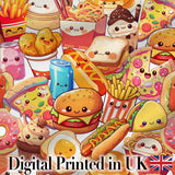 Cute Kawaii Fast Food Junk Food Snack Collage Seamless Pattern White Background Digital Print Fabric by the Metre UK Sewing Quilting Textile