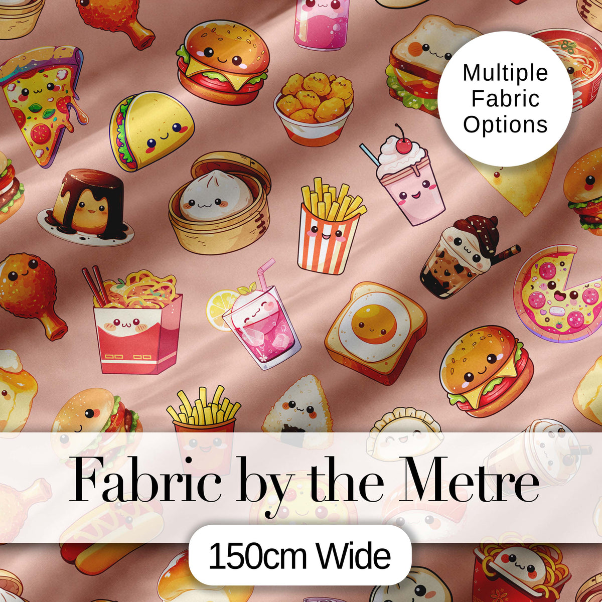 Cute Kawaii Fast Food Sushi Dessert Snacks Seamless Pattern Peach Background Digital Print Fabric by the Metre UK Sewing Quilting Textile