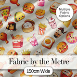 Cute Kawaii Fast Food Sushi Dessert Snacks Seamless Pattern Cream Background Digital Print Fabric by the Metre UK Sewing Quilting Textile