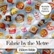 Cute Kawaii Fast Food Snacks Gingham Picnic Background Seamless Pattern Digital Print Fabric by the Metre UK Sewing Quilting Textile