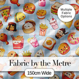 Cute Kawaii Fast Food Snacks Gingham Picnic Background Seamless Pattern Digital Print Fabric by the Metre UK Sewing Quilting Textile