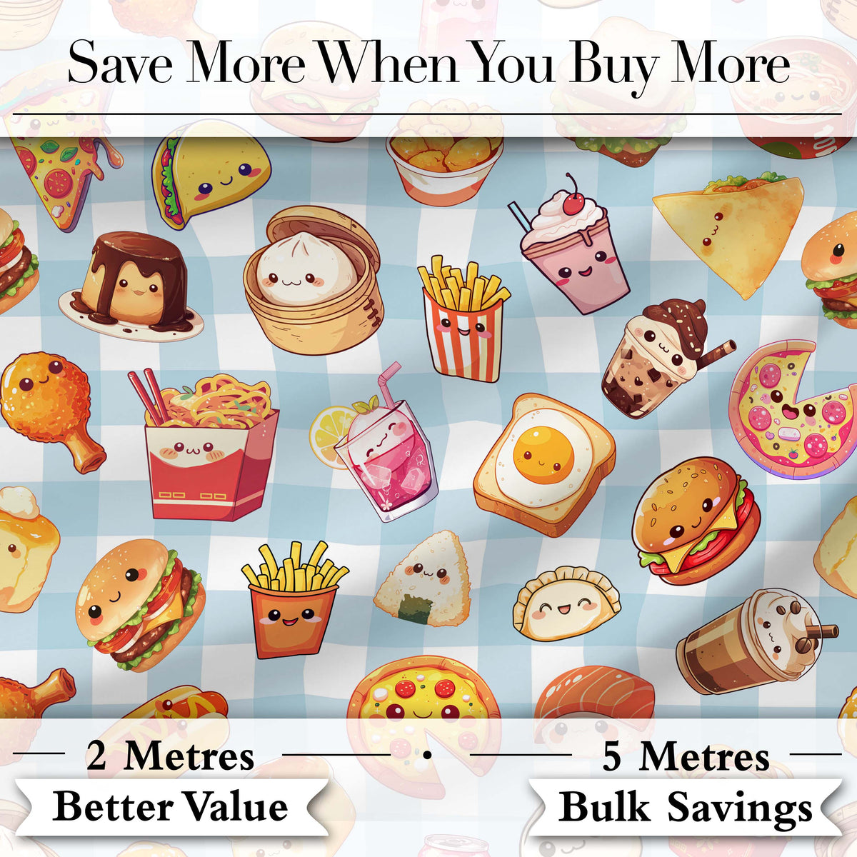 Cute Kawaii Fast Food Snacks Gingham Picnic Background Seamless Pattern Digital Print Fabric by the Metre UK Sewing Quilting Textile